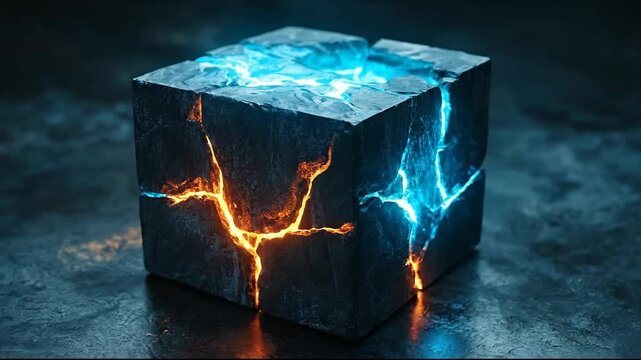 A glowing cube with cracks radiating blue and orange light.