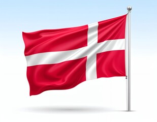 Waving Flag of Denmark on a Pole Against Blue Sky.