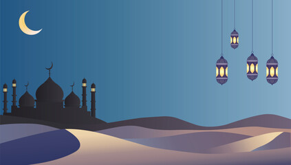 Ramadan Night Desert Landscape with Mosque and Lanterns for Eid, Ramadan and Islamic design. 
