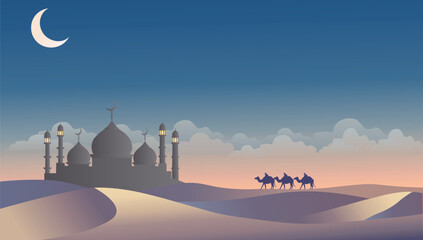 Desert Mosque at Dusk with Camels and Crescent Moon for Eid, Ramadan and Islamic design. 