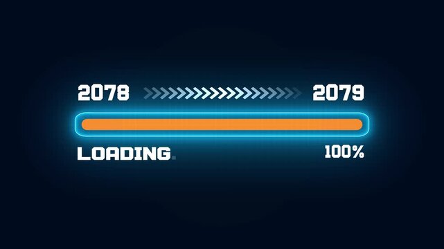 Modern loading bar animation from year 2078 to 2079, digital progress status interface with film frame and percentage
