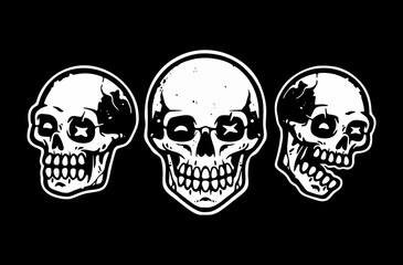 Skull Tattoo Illustration Set in Multiple Angles, Black and White Vector
