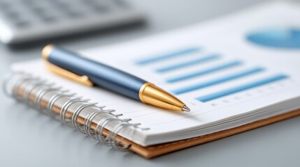 Close-Up of a Gold-Ballpoint Pen on a Notebook with Financial Graphs and a Calculator in the Background for Business and Finance Themes