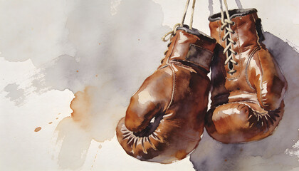 Vintage brown boxing gloves hanging from ropes