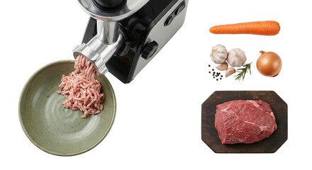 Meat grinder preparing minced meat with fresh ingredients