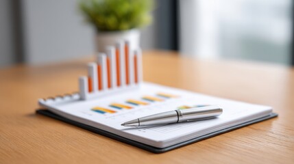 Business Growth Visualization with Charts, Notebook, Pen, and Green Plant on Office Desk for Financial Analysis and Strategic Planning