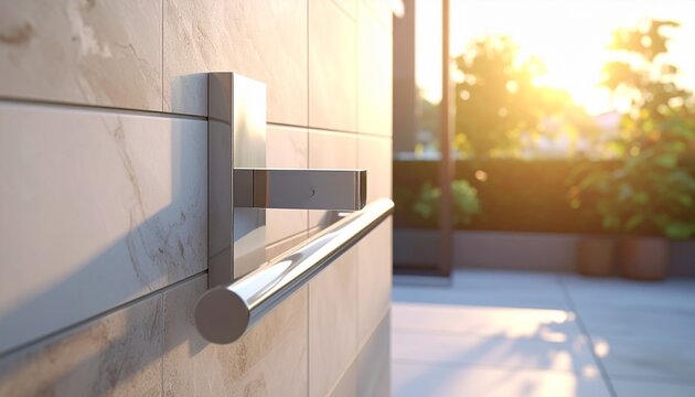 Modern stainless steel handrail on a building exterior with sunlight and greenery.