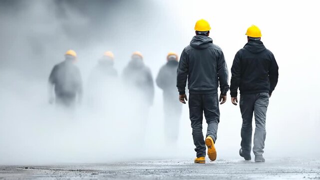Silhouetted workers in yellow helmets walking through fog.