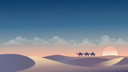 Desert Caravan Journey at Sunset for Eid, Ramadan and Islamic design. 