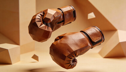 Brown leather boxing gloves in modern polygonal setting