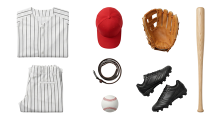 Baseball uniform and equipment flat lay on white background