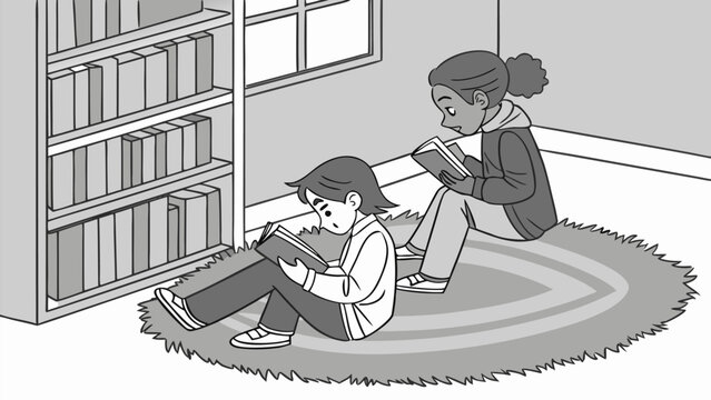 Two girls reading books together on a rug in a cozy library