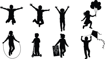 Happy diverse children silhouettes playing jumping skipping rope riding scooter and flying kite isolated on white background for childhood and summer vacation concepts. © Its Ariful 