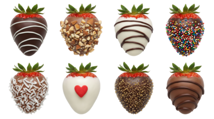 Gourmet Chocolate Dipped Strawberry Set with Almonds Sprinkles Coconut Heart and Gold Sugar Toppings Isolated Realistic Style