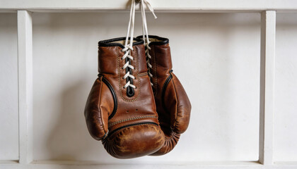 Vintage brown leather boxing gloves hanging on white shelf