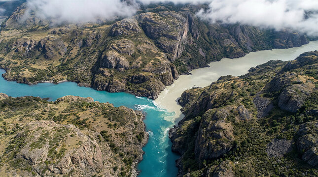 River convergence overlooking dramatic landscape patagonia aerial view nature's beauty serene environment