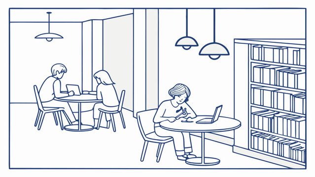 People studying and working together in a modern library setting