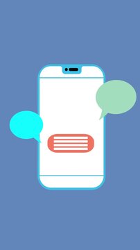 Smartphone illustration with colorful chat bubbles on blue background, concept of mobile communication and digital messaging