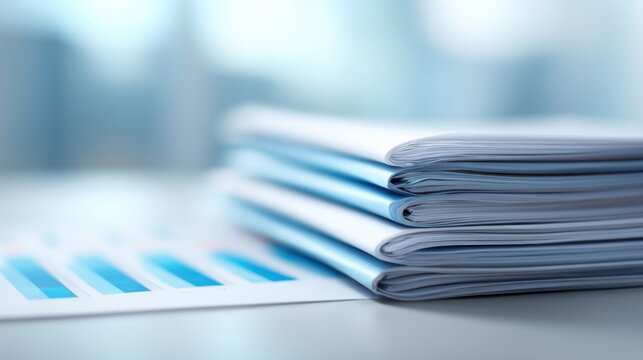 Stack of Organized Documents and Business Charts on a Desk with a Blurred Modern Office Background for Professional Use and Presentation Purposes