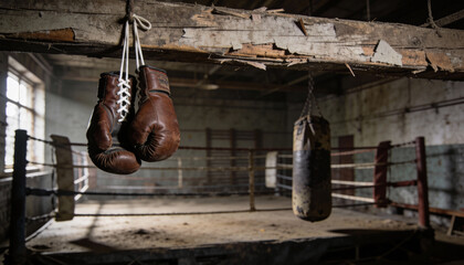 Vintage boxing gloves hanging in empty rustic gym