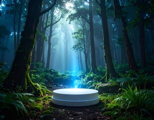 Lit platform in a mystical forest bathed in ethereal blue light