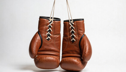 Vintage brown leather boxing gloves hanging on laces
