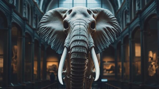A lifelike elephant sculpture on display in a museum setting.