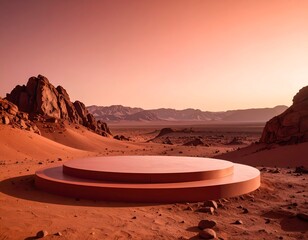A dusty red landscape with a stage. Rocks and mountains frame the view