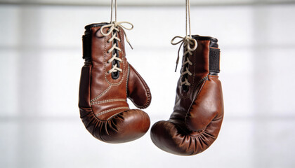 Brown leather boxing gloves hanging from strings