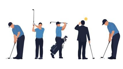 A sequence of illustrations depicting the stages of a golf swing, from setup to follow-through.