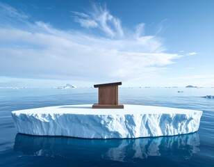 A wooden podium stands atop an iceberg, afloat in an icy ocean
