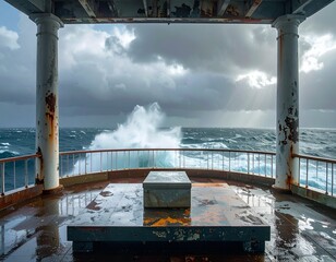 Interior view of a weathered structure framing a stormy sea