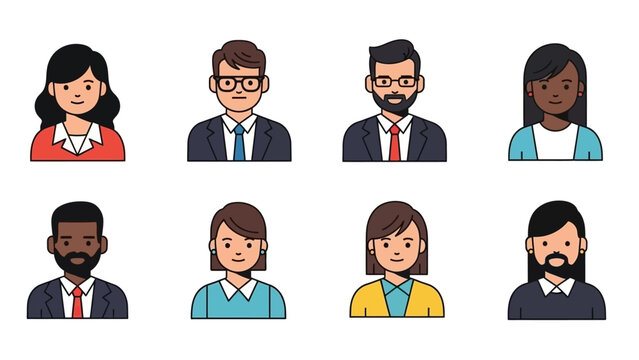 A collection of diverse cartoon avatars representing people of various ethnicities and genders, dressed in professional attire.