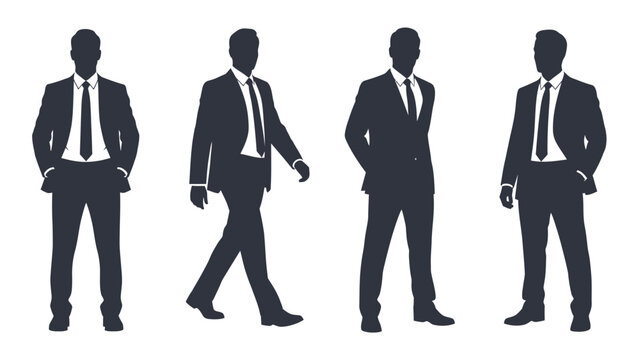 Silhouettes of four businessmen in suits standing and walking against a white background.