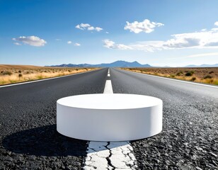 A white cylindrical platform sits on an empty highway towards mountains