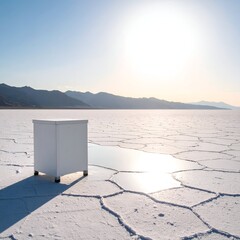 White cube on patterned salt flat beneath bright sun and distant mountains