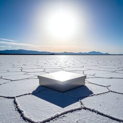 A lone, metallic cube sits on a vast salt flat, under a bright sun