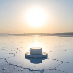 Sunlit, elevated platform on a cracked, reflective surface, horizon