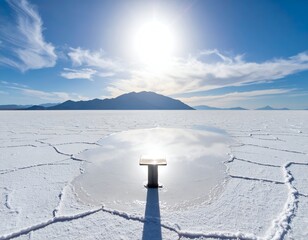 Bright sun reflects off a shallow pool in a vast white salt flat