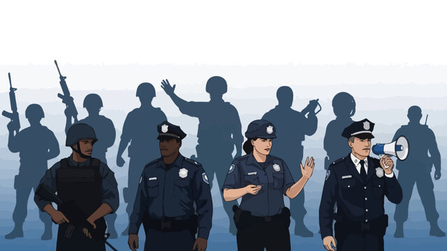 Law enforcement officers in uniform stand ready with tactical gear and firearms in the background.