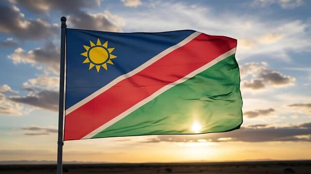 Vibrant flag of Namibia waving proudly against a dramatic golden sunset sky, symbolizing national pride.