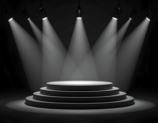 Circular platform illuminated by multiple overhead spotlights in a dark room