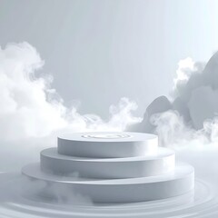 Three-tiered white pedestal in a misty cloudscape with ripple effect
