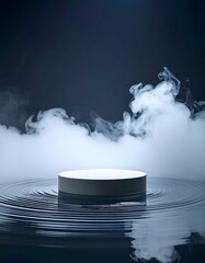 Cylindrical stage on rippled water, surrounded by vapor, dark background