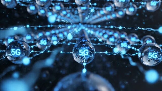 Futuristic 5G Network Connectivity Concept with Glowing Blue Spheres and Data Transmission Lines Representing High-Speed Wireless Technology and Global Communication Infrastructure.