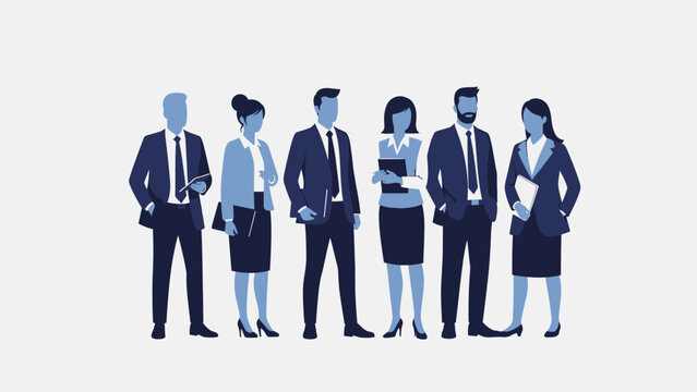 A diverse group of six professionals in business attire standing together against a plain background.