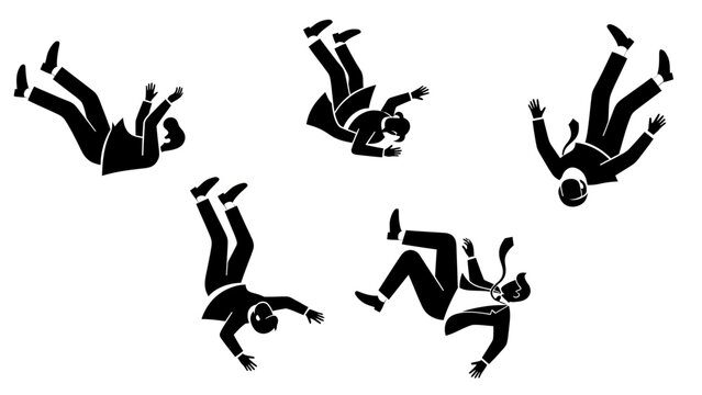 A collection of five black and white silhouette illustrations of businessmen falling in various positions.