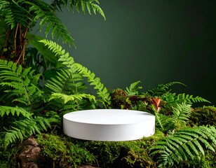 White platform surrounded by lush green ferns, moss, and foliage