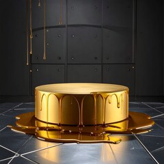 Shiny golden cylindrical platform with dripped liquid on a textured surface