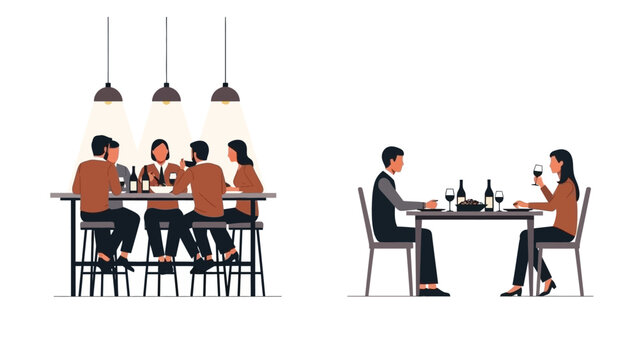 Two scenes depicting people dining and drinking at tables, one with a group and the other a couple.